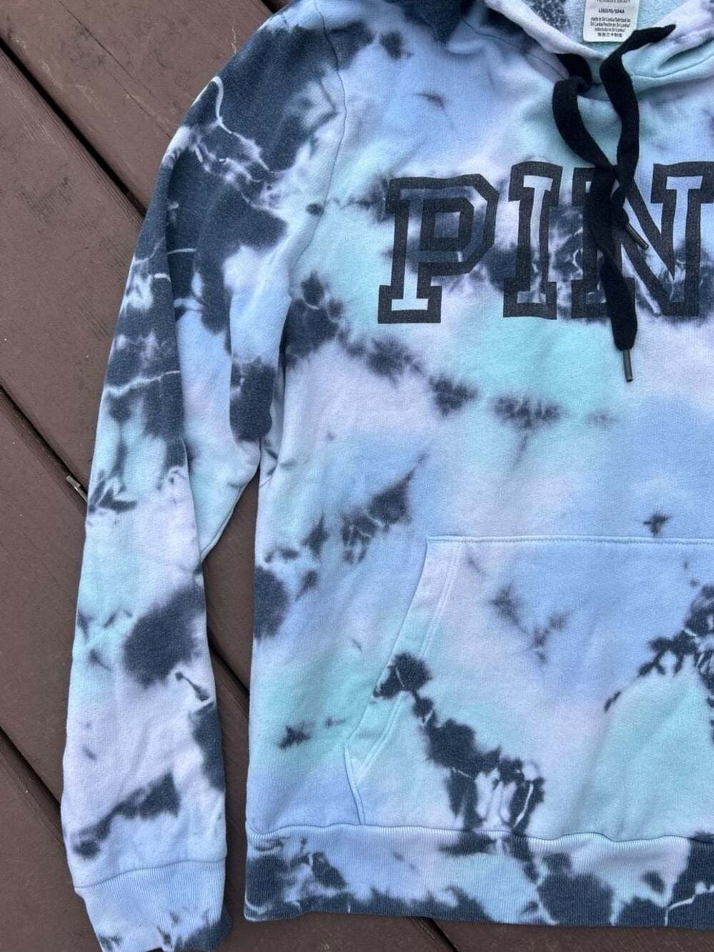 PINK Victoria's Secret Tie-Dye Hooded Sweatshirt in Black and Light Blue - Picture 2 of 8